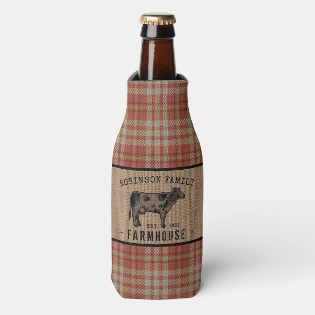 Family Farmhouse Rustic Cow Red Plaid Burlap Bottle Cooler (Bottle Front)