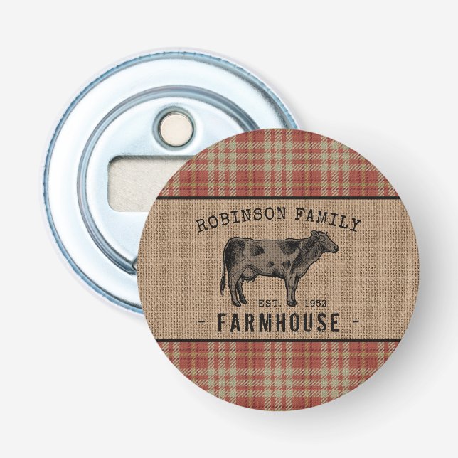 Family Farmhouse Rustic Cow Red Plaid Burlap Bottle Opener (Front)