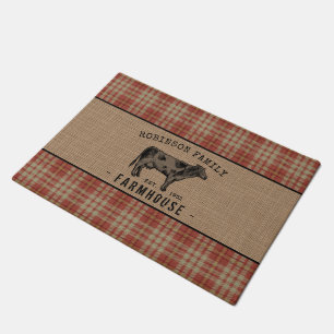 Family Farmhouse Rustic Cow Red Plaid Burlap Doormat