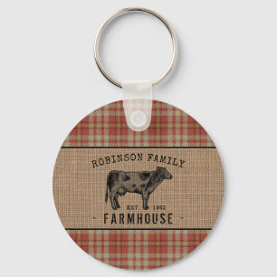 Family Farmhouse Rustic Cow Red Plaid Burlap Round Keychain