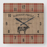 Family Farmhouse Rustic Cow Red Plaid Burlap