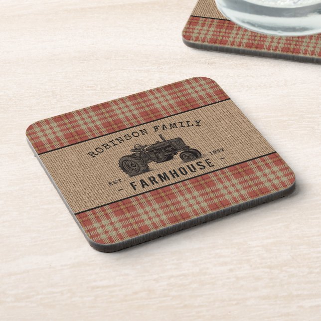 Family Farmhouse Rustic Tractor Red Plaid Burlap Coaster (Left Side)