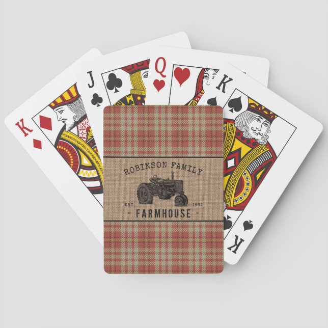 Family Farmhouse Rustic Tractor Red Plaid Burlap Playing Cards (Back)