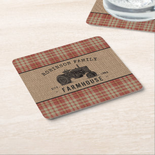 Family Farmhouse Rustic Tractor Red Plaid Burlap Square Paper Coaster