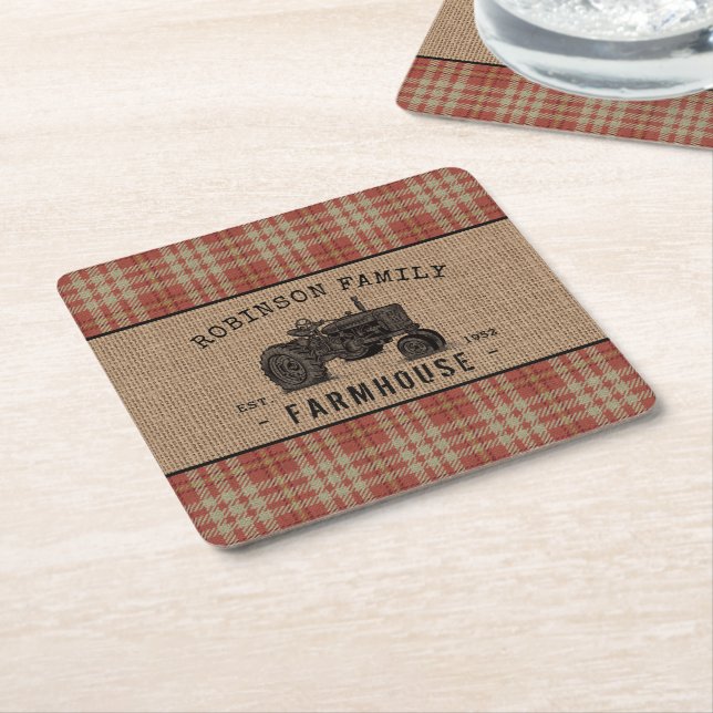 Family Farmhouse Rustic Tractor Red Plaid Burlap Square Paper Coaster (Angled)