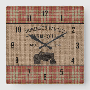 Family Farmhouse Rustic Tractor Red Plaid Burlap Square Wall Clock