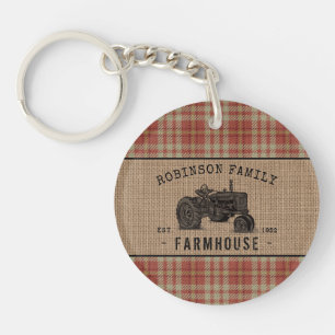 Family Farmhouse Tractor Red Plaid Burlap 2 Sided Keychain