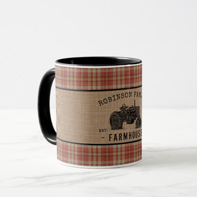 Family Farmhouse Tractor Red Plaid Burlap 2 Tone Mug (Front Left)
