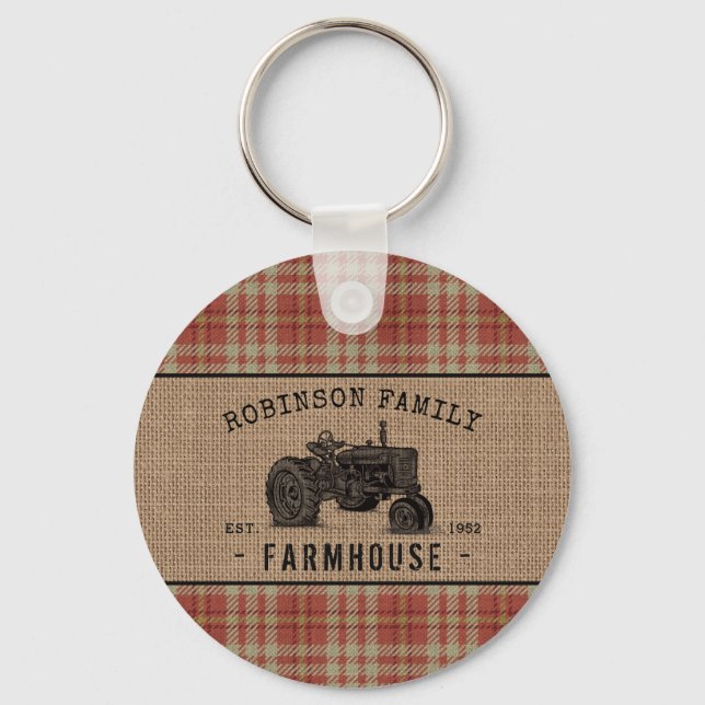 Family Farmhouse Tractor Red Plaid Burlap Round Keychain (Front)