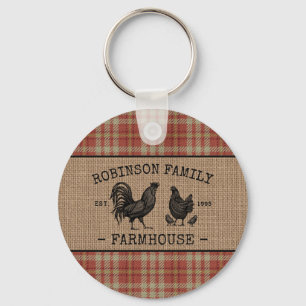 Family Farmhouse Vintage Red Plaid Burlap Round Keychain