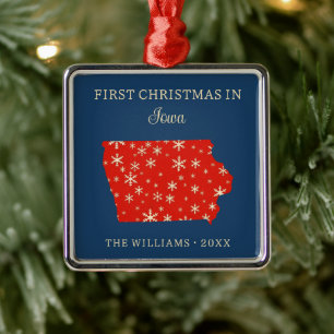 Family First Christmas In Iowa USA State Metal Ornament