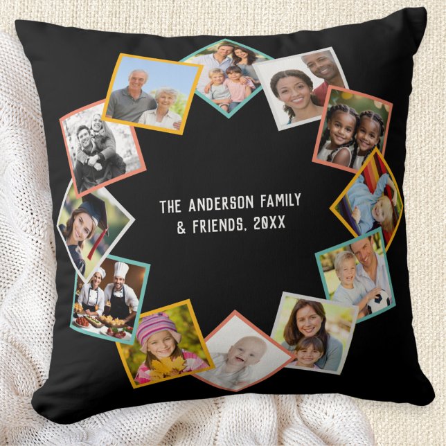 Family Friends Custom Collage Gallery Multi Photo Throw Pillow (Create your own throw pillow, featuring photos of your family and friends, with text of your choice)