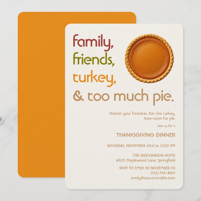 Family, Friends, Turkey, Pie Modern Thanksgiving Invitation (Front/Back)