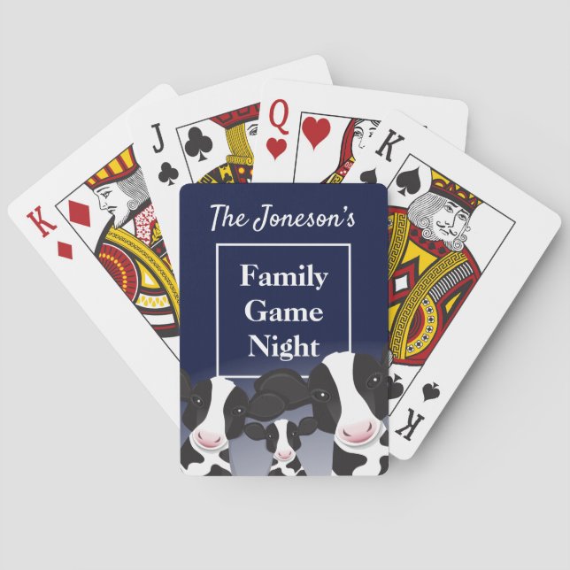 Family Game Night Name Dark Blue White Cows Playing Cards (Back)