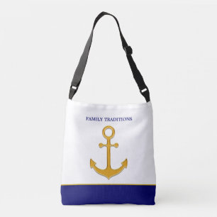 Family golden anchor on blue & white crossbody bag