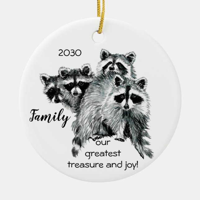 Family greatest treasure Fun Raccoon Quote Ceramic Ornament (Front)