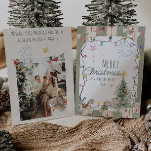 Family Green Stripes Cute Photo Merry Christmas  Holiday Card