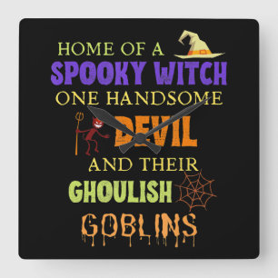Family Halloween Quote With Witch Devil Spider Web Square Wall Clock