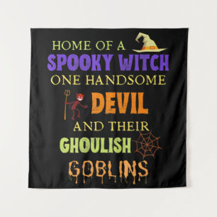 Family Halloween Quote With Witch Devil Spider Web Tapestry