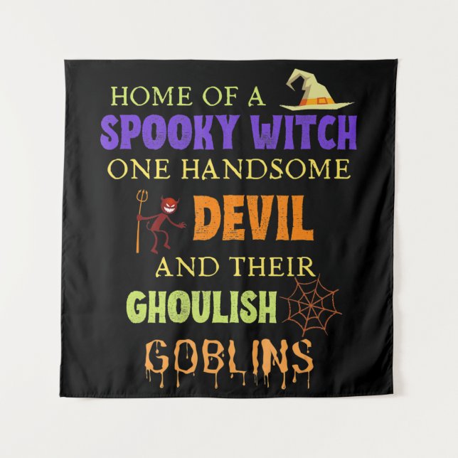 Family Halloween Quote With Witch Devil Spider Web Tapestry (Front)