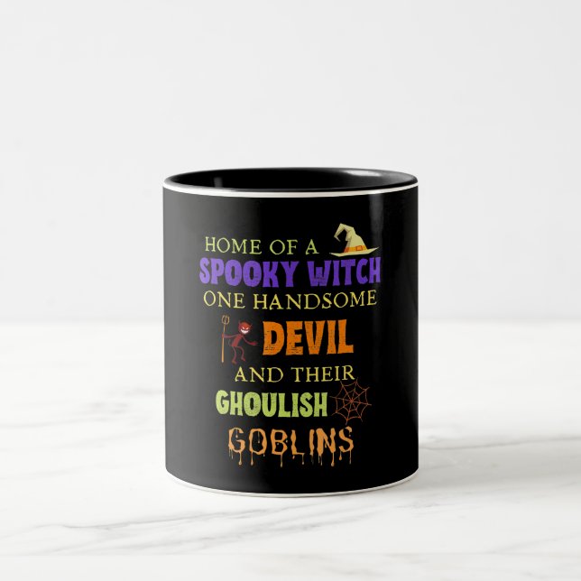 Family Halloween Quote With Witch Devil Spider Web Two-Tone Coffee Mug (Center)