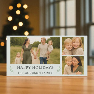 Family Happy Holidays 3 Photo Elegant Botanical  Holiday Card
