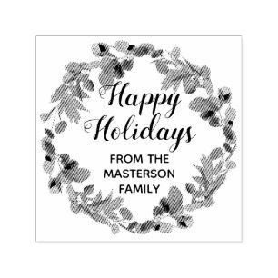 Family Happy Holidays Eucalyptus Wreath Self-inking Stamp