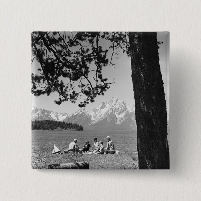 Family having picnic by lake mountains 2 inch square button (Front)