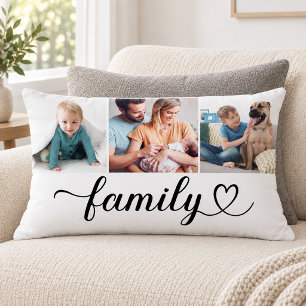 Family Heart Script 3 Photo Collage Lumbar Pillow