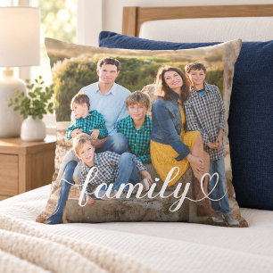 Family Heart Script Photo White Text Throw Pillow