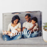 Family Heart Script White Photo Collage Block<br><div class="desc">A beautiful horizontal acrylic photo block featuring "Family" in flowing white calligraphy script with a heart flourish, layered over a single custom photo. The elegant script overlay transforms a favorite family photo into a stylish keepsake. The photo is fully customizable. Printed on 1-inch thick Grade A acrylic, this photo block...</div>