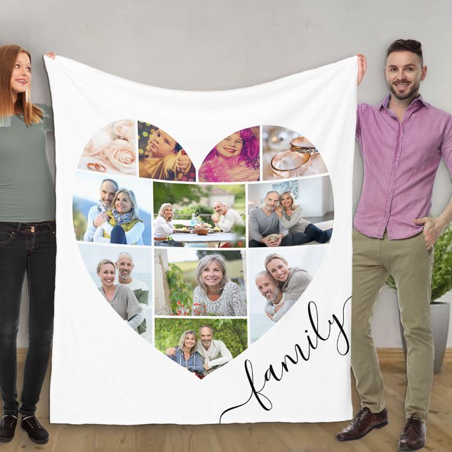 Family Heart Shaped 11 Photo Collage White Fleece Blanket (Creator Uploaded)