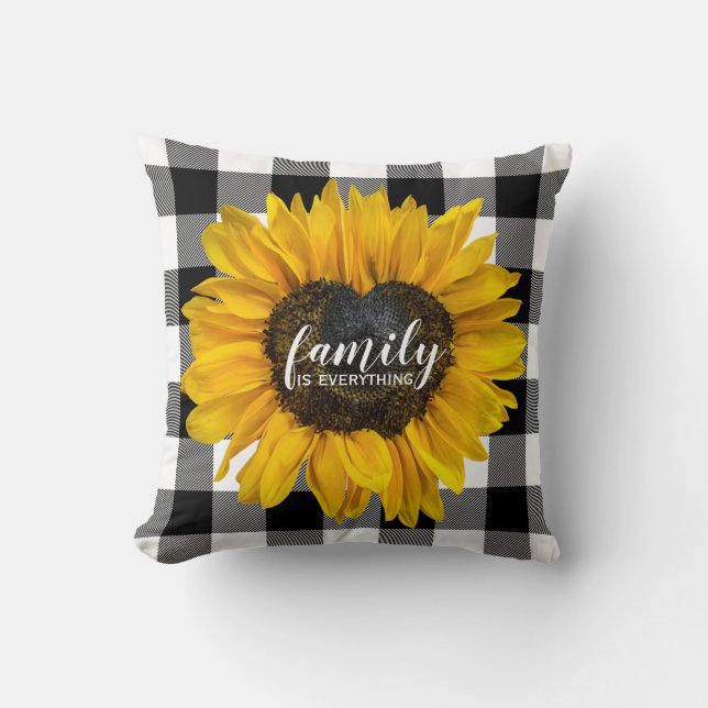 Family Heart Sunflower on Buffalo Plaid Throw Pillow (Front)
