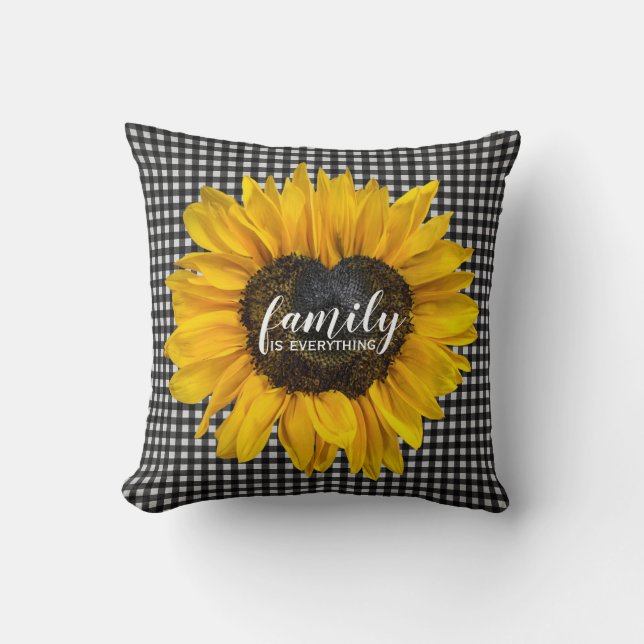 Family Heart Sunflower on Gingham   Throw Pillow (Front)