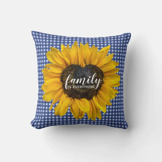 Family Heart Sunflower on Gingham  Throw Pillow (Front)