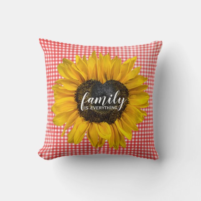 Family Heart Sunflower on Gingham  Throw Pillow (Front)
