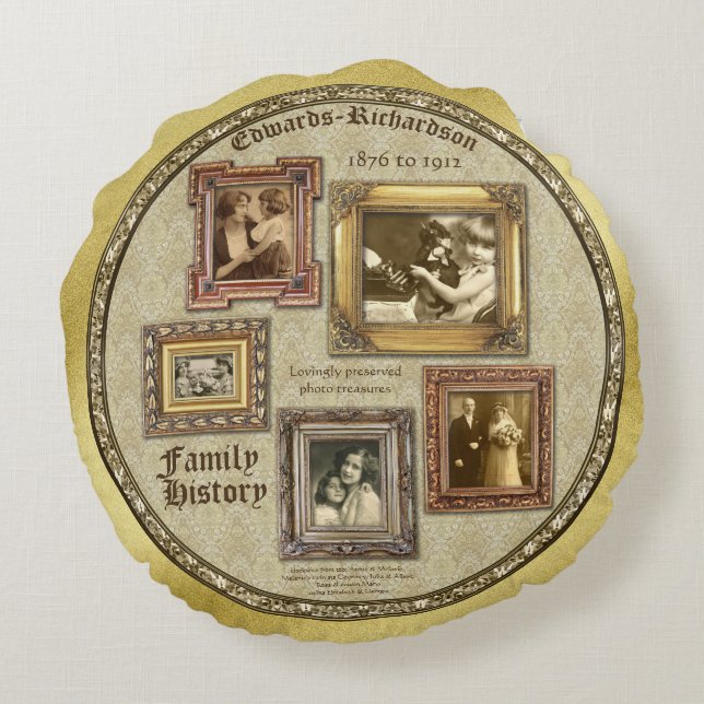 Family History Antique Photo Frames Gold Collage Round Pillow (Back)