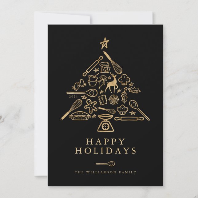 Family Holiday Baking Black & Gold Christmas Tree Card (Front)
