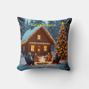 Family Holiday Bonfire Throw Pillow