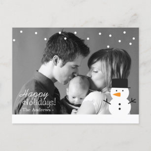 Family Holiday Greeting with Cute Snowman and Snow Postcard
