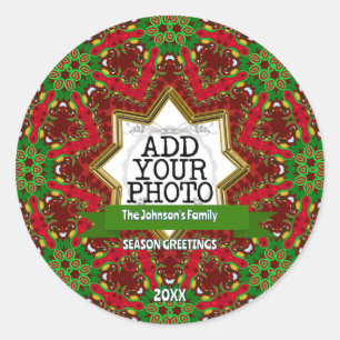 Family Holiday Photo Red Green Festive Vibe Classic Round Sticker