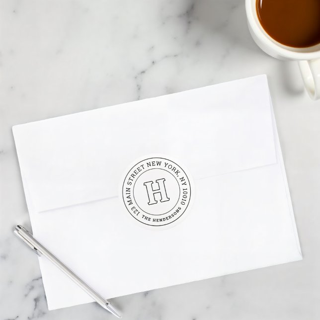 Family Home Address Chic Modern Monogram Classic Round Sticker (Creator Uploaded)