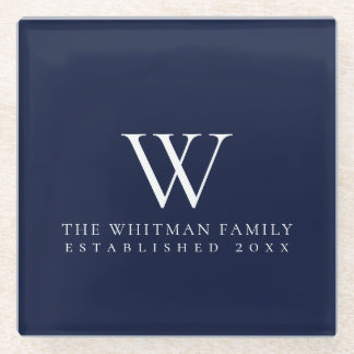 Family Home Monogram Navy Glass Coaster
