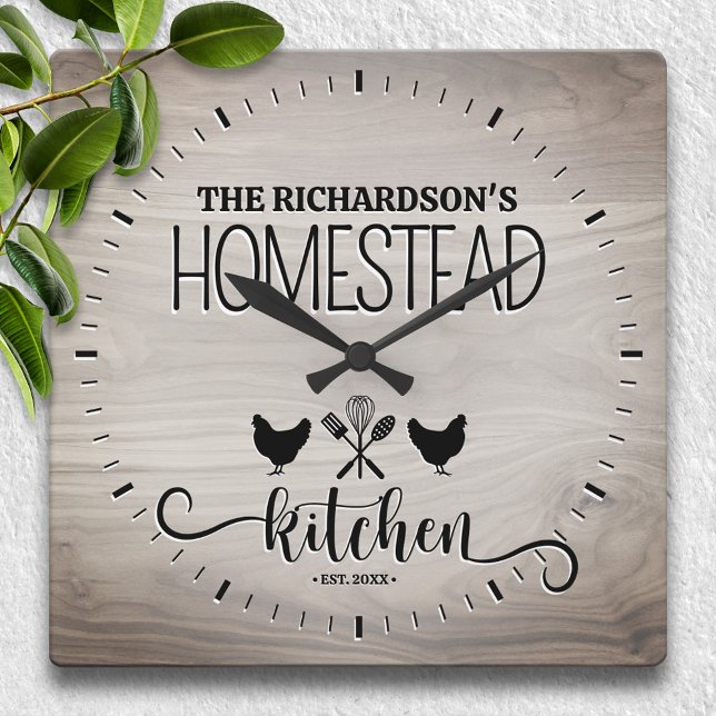 Family Homestead Personalized Rustic Wood Square Wall Clock (Creator Uploaded)