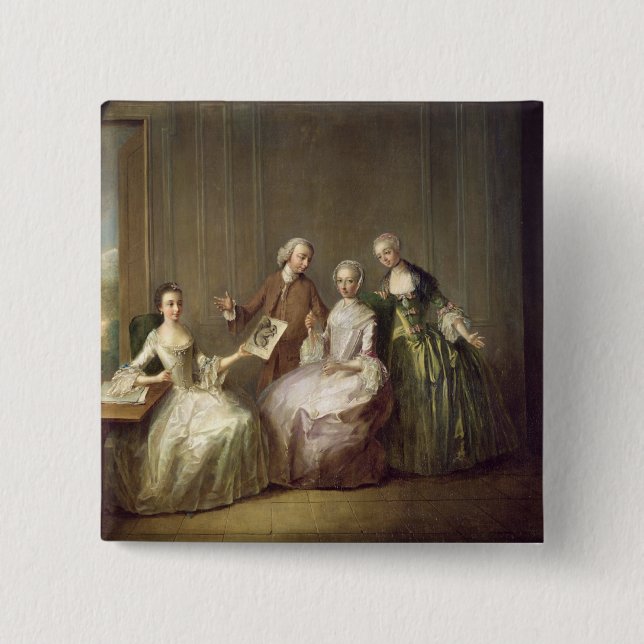 Family in an Interior with Squirrels 2 Inch Square Button (Front)