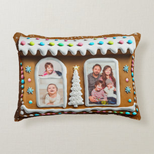 Family in Gingerbread House Christmas Photo Accent Pillow