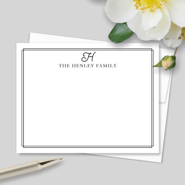 Family Initial Black Border Monogram Stationery Card (Creator Uploaded)