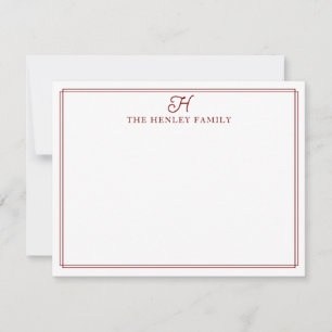 Family Initial Dark Red Border Monogram Stationery Card