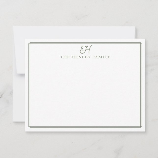 Family Initial Green Border Monogram Stationery Card (Front)
