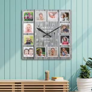 Family Is Everything 12 Photo Collage Grey Wood   Square Wall Clock